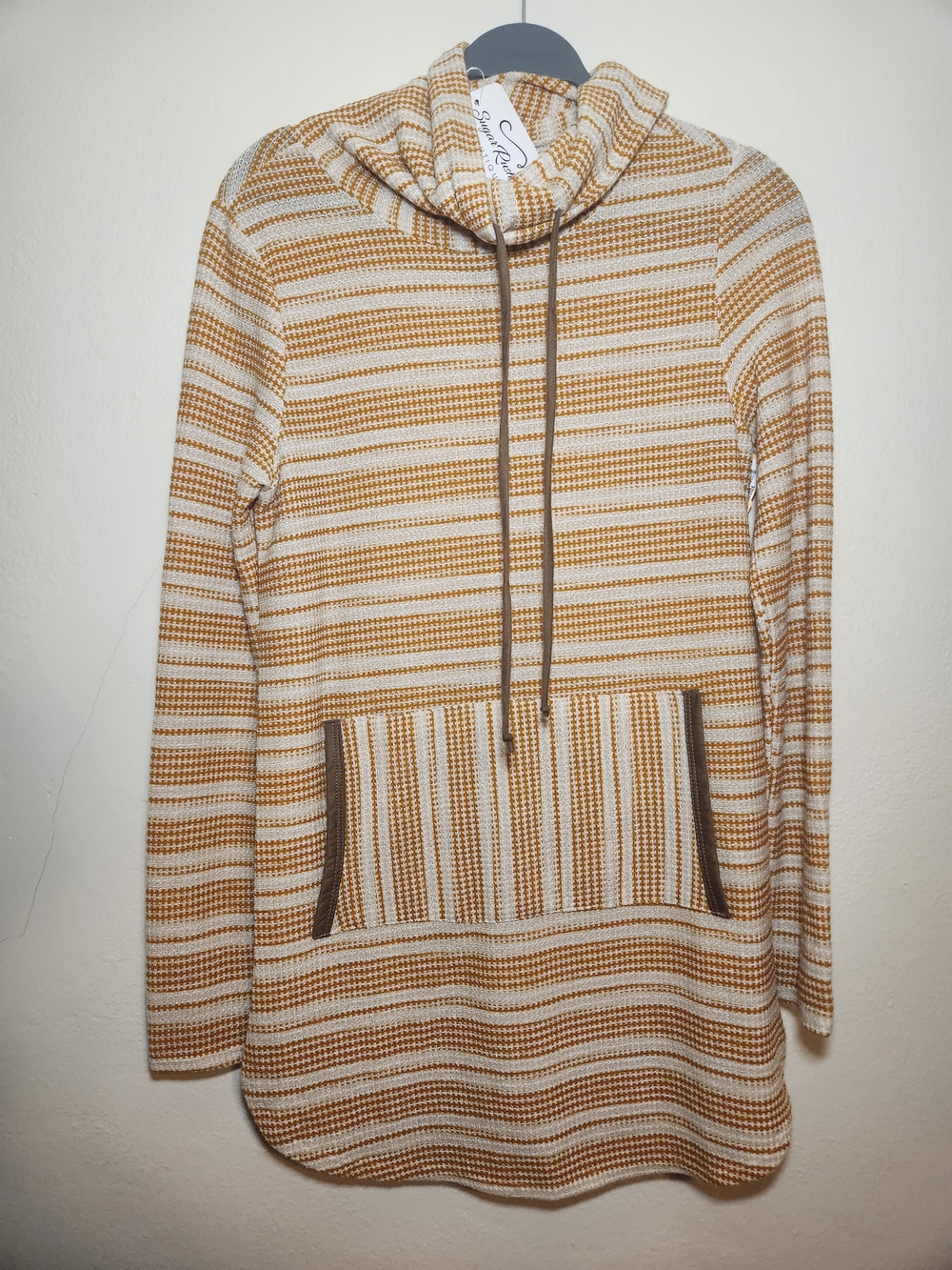 Striped Cowl Neck Knit Tunic in Mustard and Cream